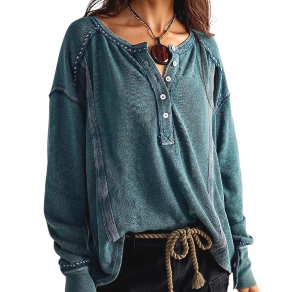 WE THE FREE People TAYLOR HENLEY SHIRT TOP Thermal Frayed Edges TEAL GREEN sz S